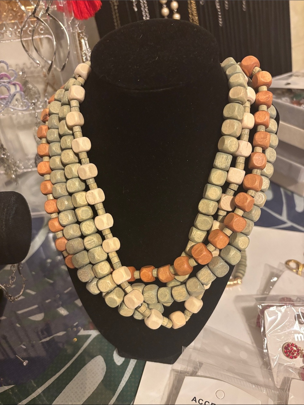 Plunder Multi-Strand Green, Tan & Orange Beaded Necklace